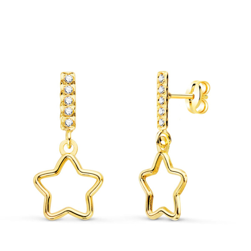 18K PENDIENTES ORO AMARILLO COLGANTE ESTRELLA Y CIRCONITA 17X8 MM
