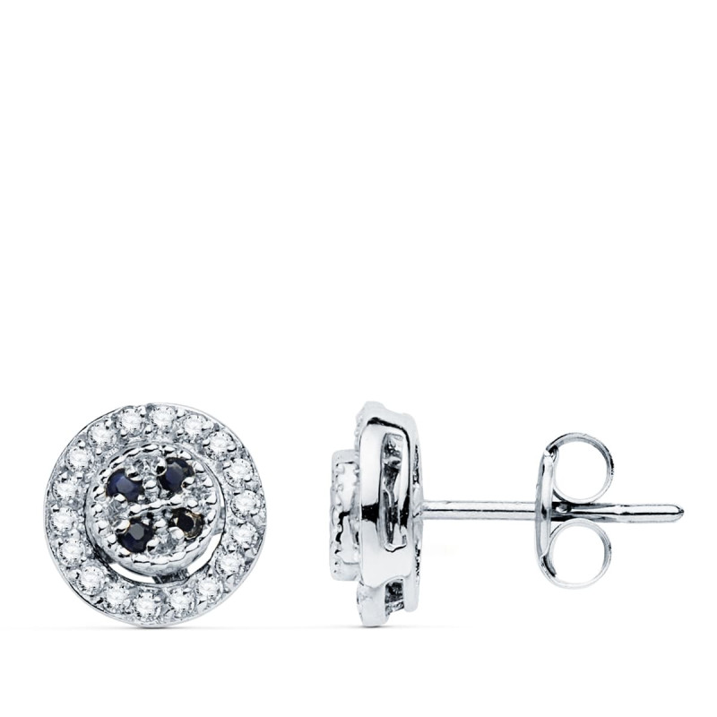 18K PENDIENTES ORO BLANCO REDONDO CIRCONITA Y ZAFIROS 8 MM CIERRE PRESION