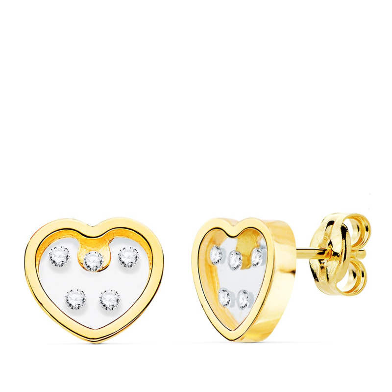 18K PENDIENTES ORO AMARILLO CORAZON AIRSHINE TRANSPARENTE Y CIRCONITA 8X7 MM CIERRE PRESION