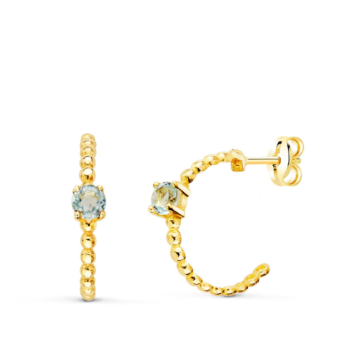 18K PENDIENTES ORO AMARILLO MEDIO ARO BOLITAS CON AGUAMARINA 13X3MM CIERRE PRESION