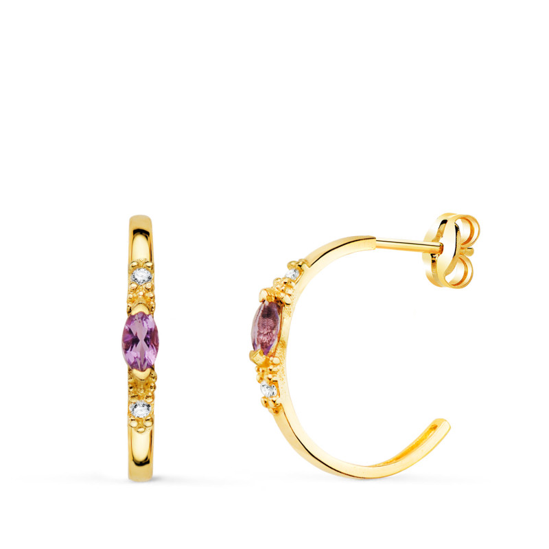 18K PENDIENTES ORO AMARILLO MEDIO ARO AMATISTA TALLA MARQUISE. 15X2 MM. CIERRE PRESION