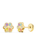 18K PENDIENTES ORO AMARILLO FLOR ESMALTE 7 X 7 MM CIERRE TUERCA 18K PENDIENTES ORO AMARILLO FLOR ESMALTE 7 X 7 MM CIERRE TUERCA