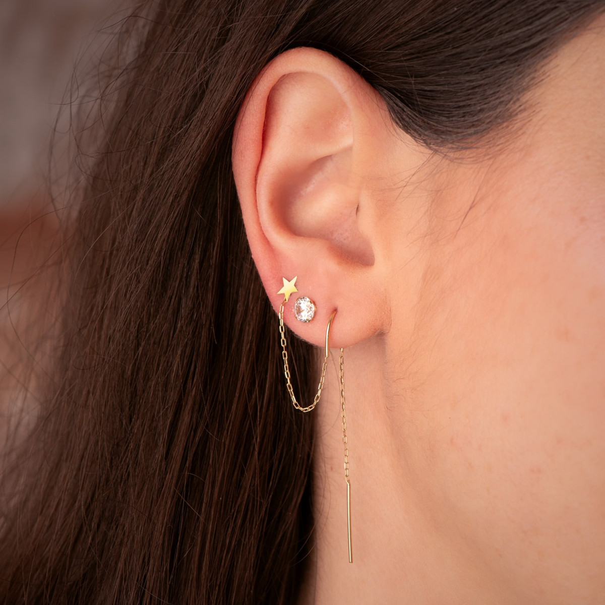 18K PIERCING ORO AMARILLO CADENA Y ESTRELLA PARA 2 AGUJEROS. LARGO: 85 MM (UNIDAD)