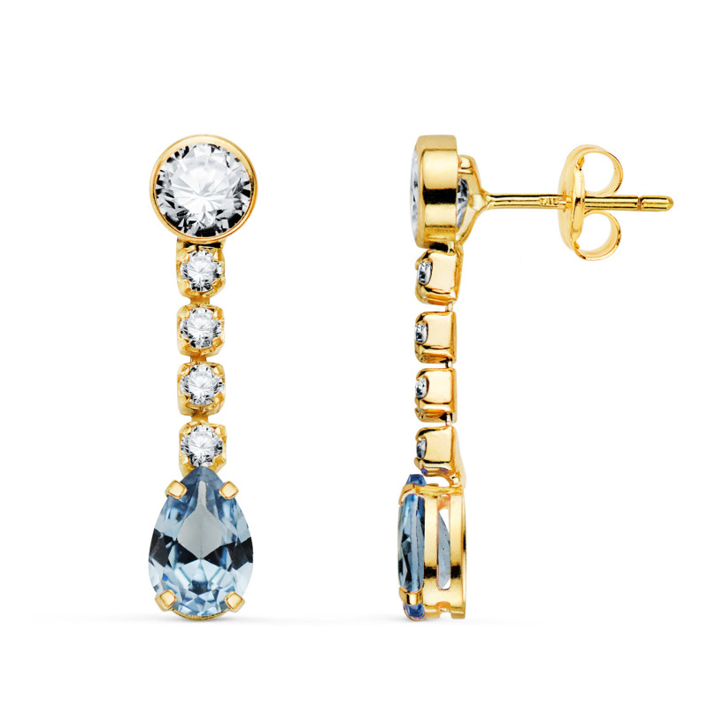 18K PENDIENTES ORO AMARILLO AGUAMARINA EN FORMA DE GOTA Y CIRCONITAS. 22X5 MM. CIERRE PRESION