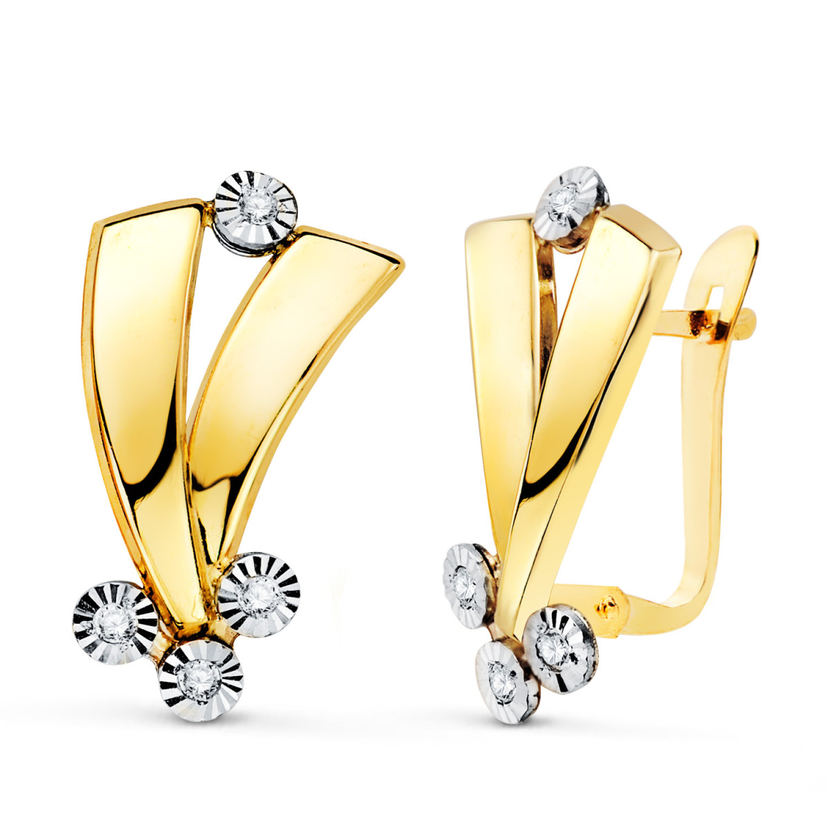 18K PENDIENTES ORO BICOLOR BANDAS Y MOTIVOS REDONDOS TALLADOS. 16,5 X 10 MM. CIERRE CATALAN