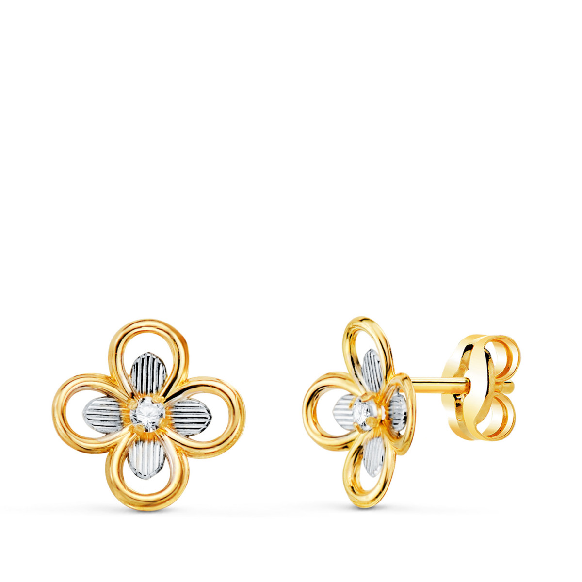 18K PENDIENTES ORO BICOLOR CUATREBOL CON CIRCONITAS. MEDIDA: 8X8 MM. CIERR PRESION