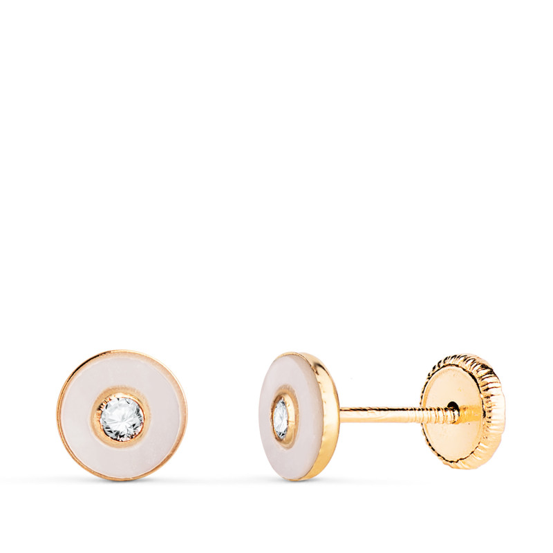 18K PENDIENTES ORO AMARILLO REDONDOS NACAR CON CIRCONITA. MEDIDA: 5,5MM. CIERRE TUERCA