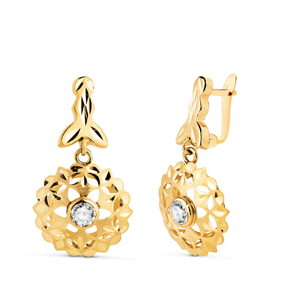 18K PENDIENTES ORO AMARILLO CUBANAS TALLADAS CON CIRCONITA 26 X 14MM. CIERRE CATALAN