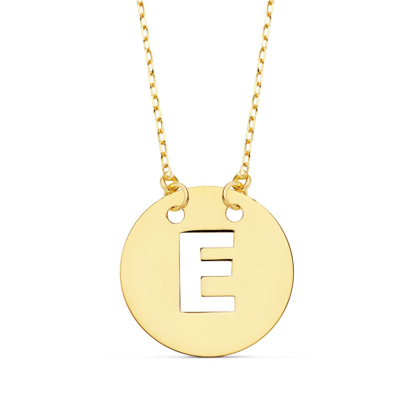 18K COLGANTE ORO AMARILLO LETRA " E " 15 MM CADENA FORZADA 42CM