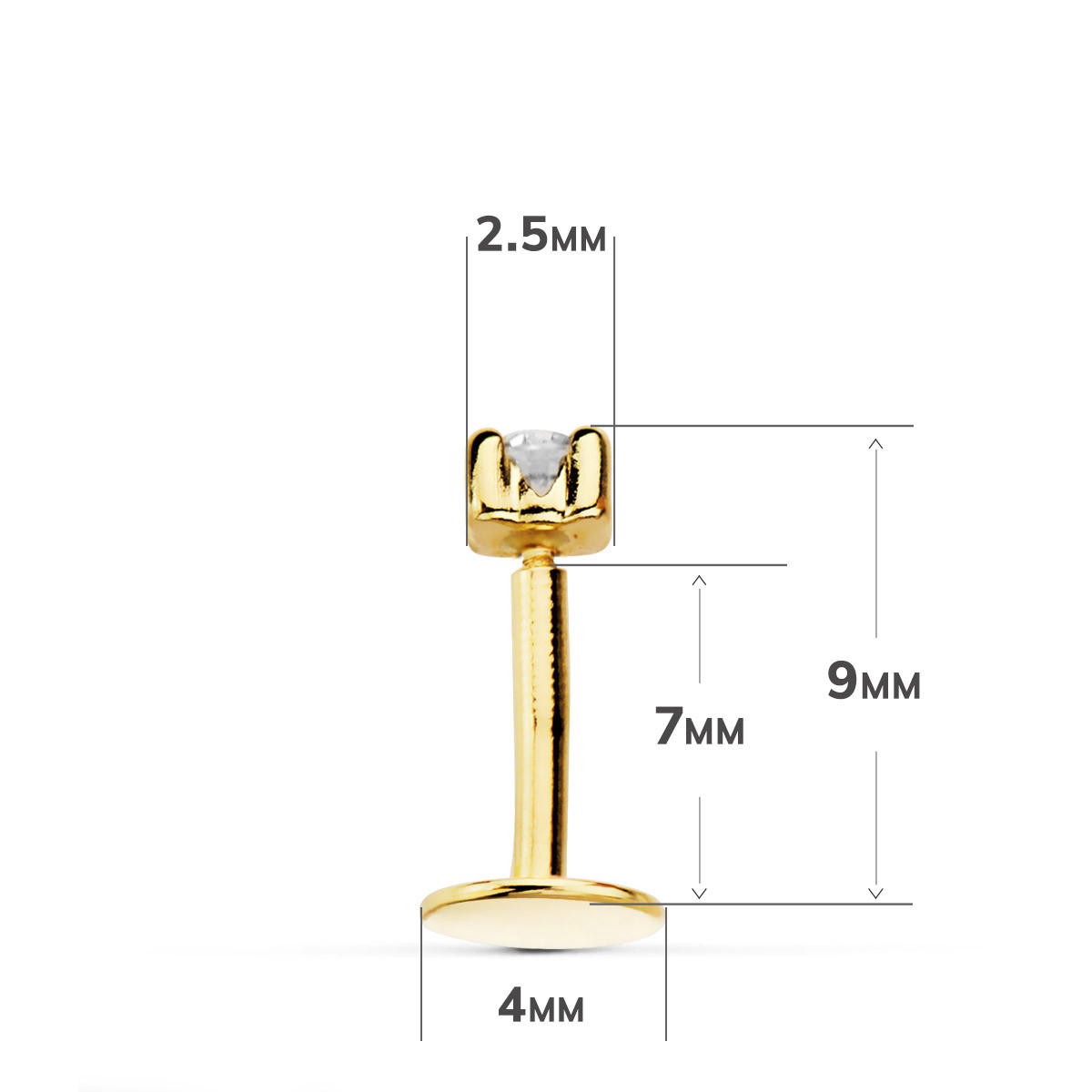 18K PIERCING LABIO ORO AMARILLO CIRCONITA GARRAS 2.5 MM GRUESO BARRA 1.20 MM LONGITUD 7 MM TOTAL PIERCING 9 MM CIERRE TUERCA