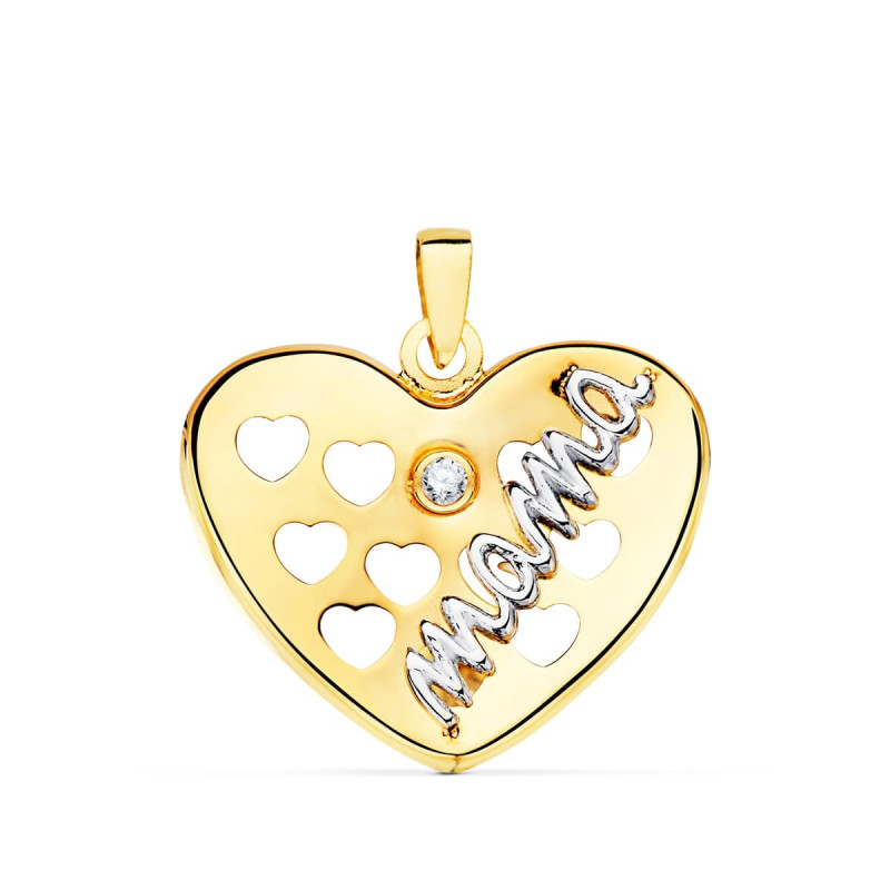 18K COLGANTE ORO BICOLOR CORAZON CON CORAZONES CALADOS Y CIRCONITA 20X16 MM