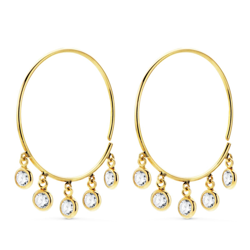 18K AROS ORO AMARILLO HILO DE 20 MM CON 5 COLGANTES CIRCONITA BLANCAS