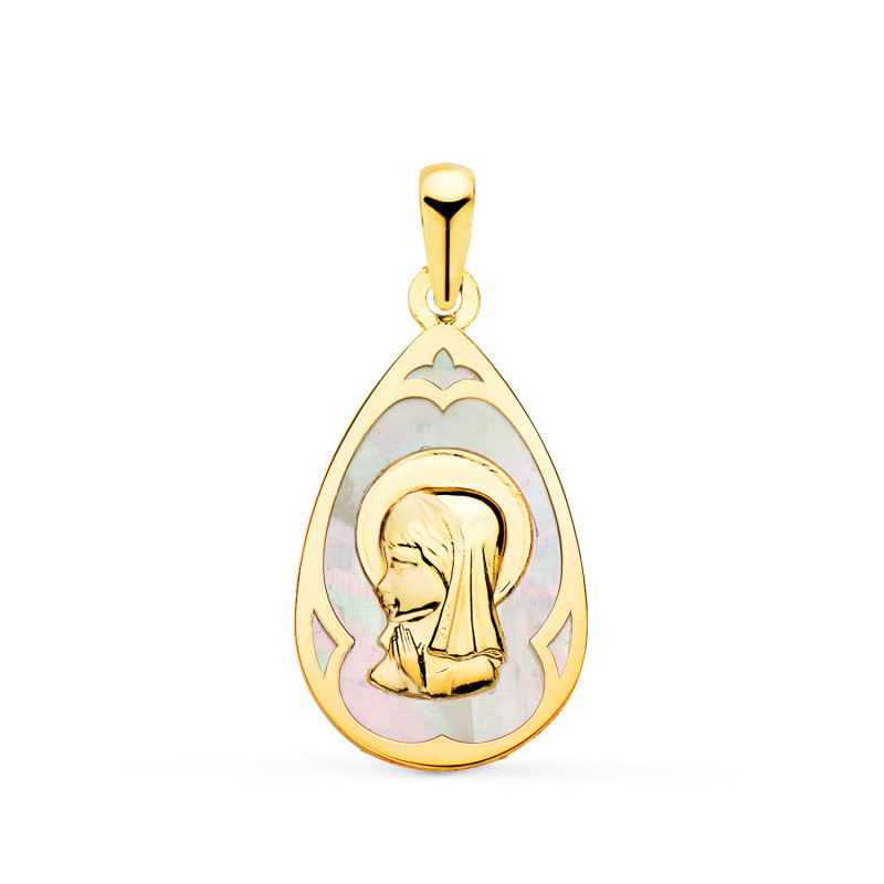 18K MEDALLA ORO AMARILLO GOTA CON NACAR BLANCO Y VIRGEN NIÑA 21 X 14 MM