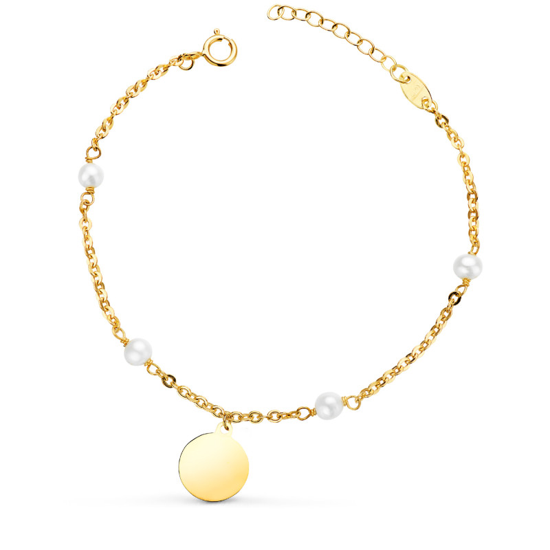 18K PULSERA ORO AMARILLO CON PERLAS 3.5MM Y PLACA CHAPA REDONDA 10MM. LARGO: 15 2CM