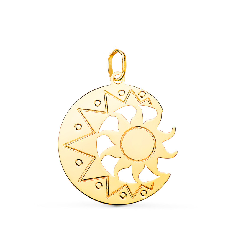 18K COLGANTE ORO AMARILLO DE LUNA CON SOL EN BRILLO 22 X 21MM