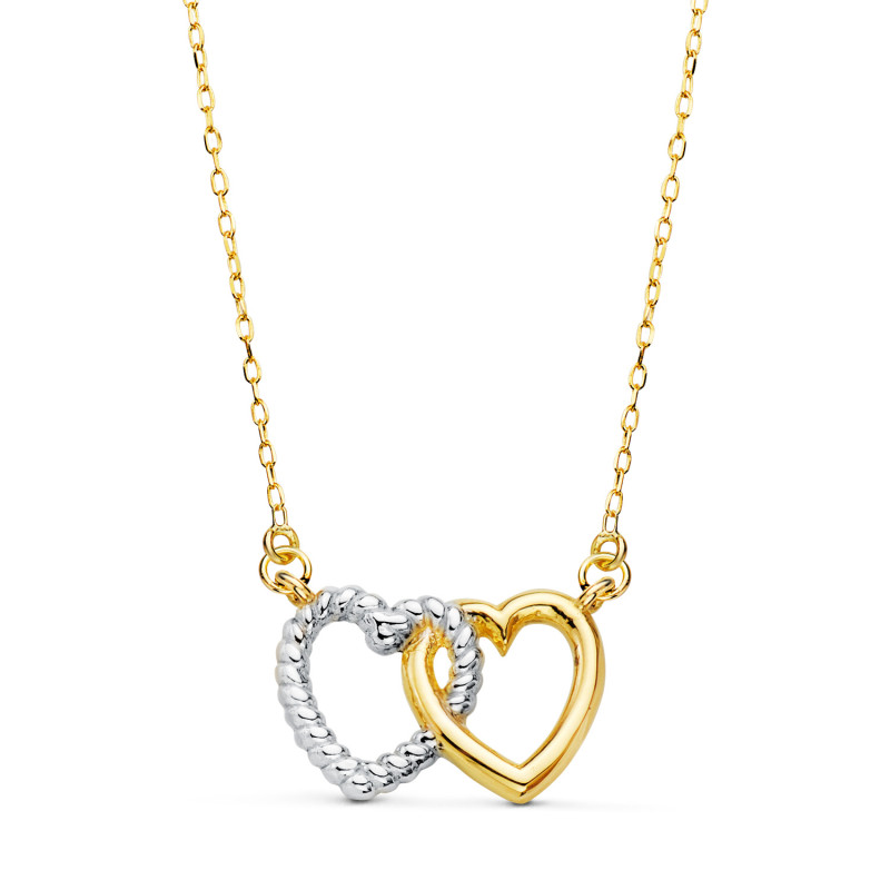 18K GARGANTILLA ORO BICOLOR DOS CORAZONES 13X9 MM. CADENA FORZADA 42 3 CM