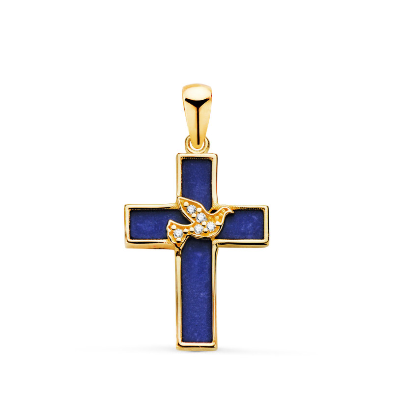 18K CRUZ ORO AMARILLO LAPIZLAZULI Y PAJARO CON CIRCONITAS. MEDIDA: 19 X 12,5 MM