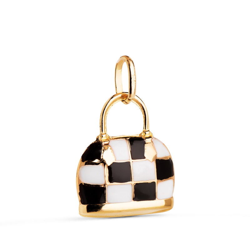 18K COLGANTE ORO AMARILLO BOLSO CON ESMALTE NEGRO Y BLANCO. MEDIDA: 15 X 12,5 MM