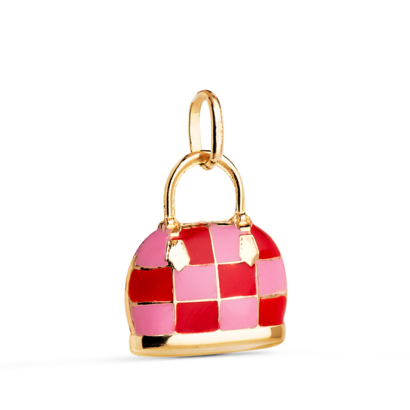 18K COLGANTE CHARM ORO AMARILLO BOLSO CON ESMALTE ROJO Y ROSA. MEDIDA: 15 X 12,5 MM