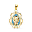 18K MEDALLA ORO AMARILLO VIRGEN NIÑA ESMALTE AZUL Y CERCO CALADO EN BRILLO 22X16 MM