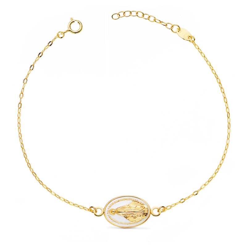 18K PULSERA ORO AMARILLO VIRGEN MILAGROSA ESMALTE BLANCO 13X10 MM. CADENA TALLADA: LARGO: 17-3 CM