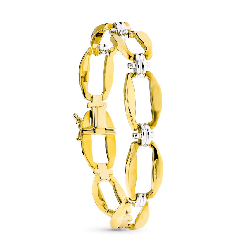 18K PULSERA ORO BICOLOR ESLABON RECTANGULO Y CRUZ MATE Y BRILLO