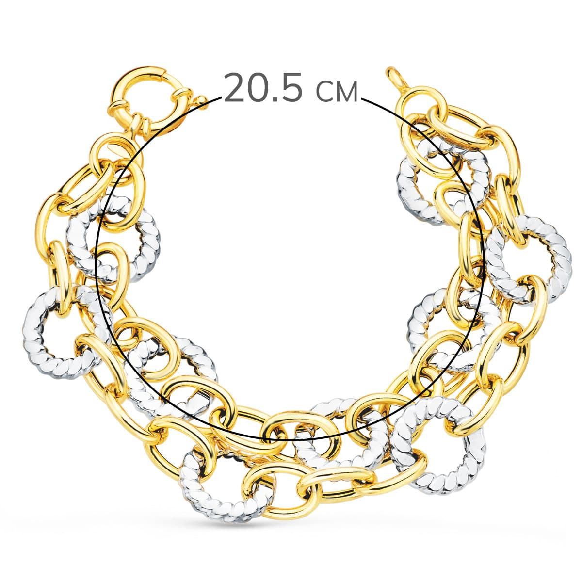 18K PULSERA ORO BICOLOR DOBLE CADENA HUECA MOTIVOS REDONDOS 20.5 CM