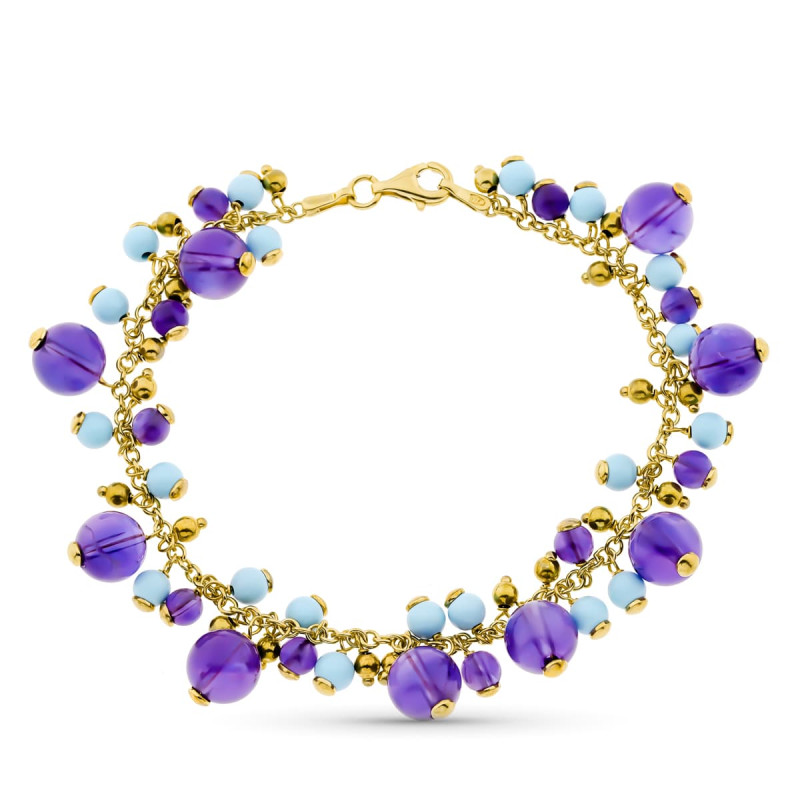 18K PULSERA ENTREPIEZAS ORO AMARILLO TURQUESAS Y AMATISTAS