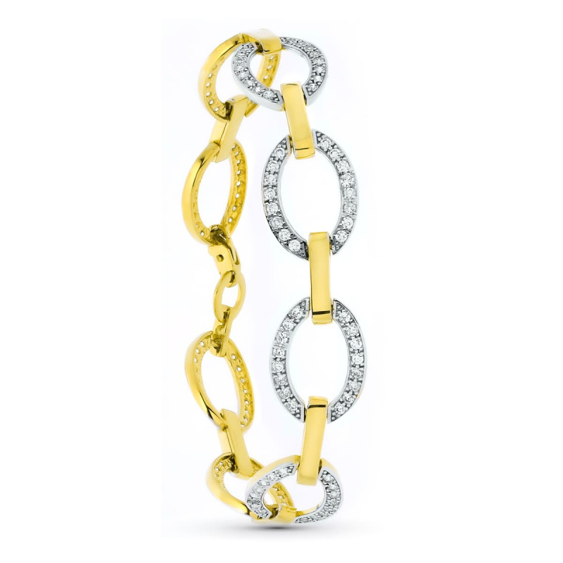 18K PULSERA ORO BICOLOR ESLABONES CIRCULOS Y CIRCONITAS
