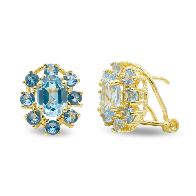 18K PENDIENTES ORO AMARILLO AGUAMARINA 7X5 MM CIERRE OMEGA