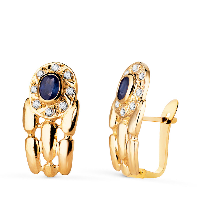 18K PENDIENTES ORO AMARILLO PANTER CON ZAFIRO Y CIRCONITAS. 16 X 8 MM. CIERRE CATALAN