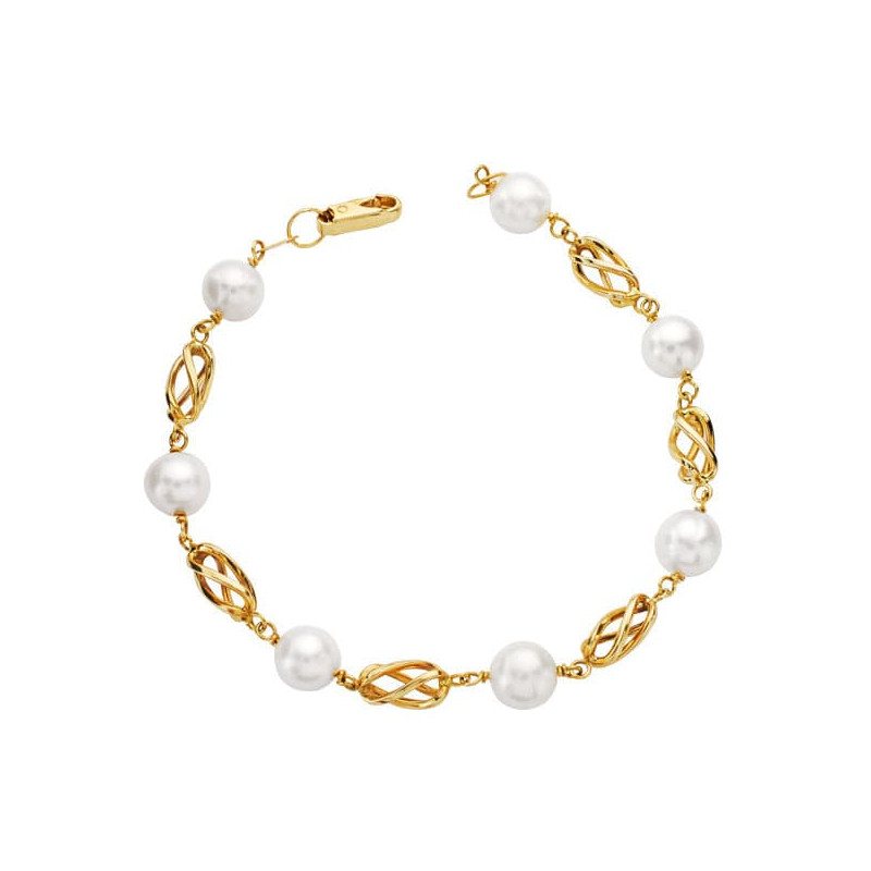 18K PULSERA ORO AMARILLO PERLA Y JAULA 19.5 CM