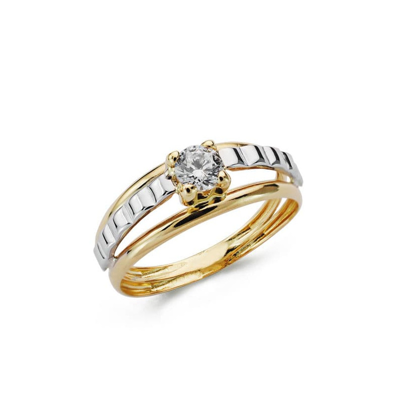 9K SORTIJA ORO BICOLOR DOBLE CUERPO CON MOTIVO Y CIRCONITA EN 4 GARRAS. ANCHO: 6,5 MM