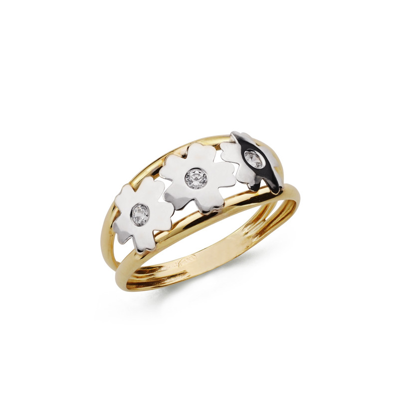 9K SORTIJA ORO BICOLOR DOBLE CUERPO CON FLORES Y CIRCONITAS. ANCHO: 7,5 MM