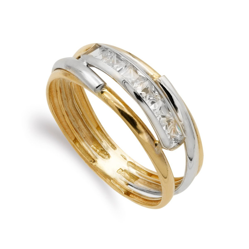 9K SORTIJA ORO BICOLOR BANDAS CON CIRCONITAS EN CARRIL. ANCHO: 6,5 MM