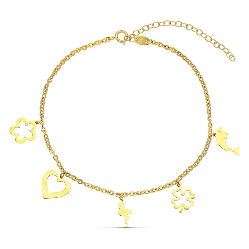 9K PULSERA TOBILLERA ORO AMARILLO DELFIN TREBOL FLAMENCO CORAZÓN FLOR CADENA 20-4 CM