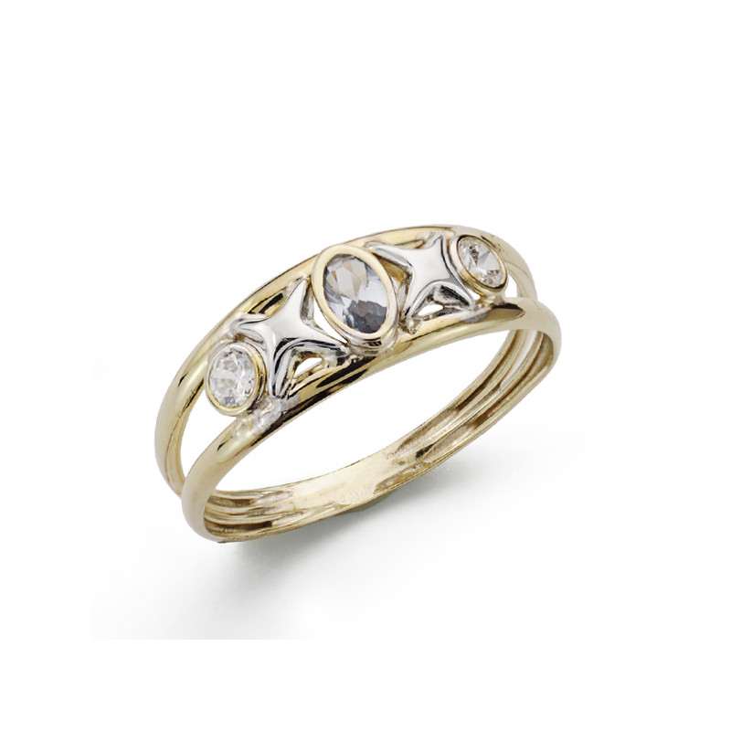 9K SORTIJA ORO BICOLOR DOBLE CUERPO CON ESTRELLAS Y CIRCONITAS COLOR AGUAMARINA. ANCHO: 6,5 MM