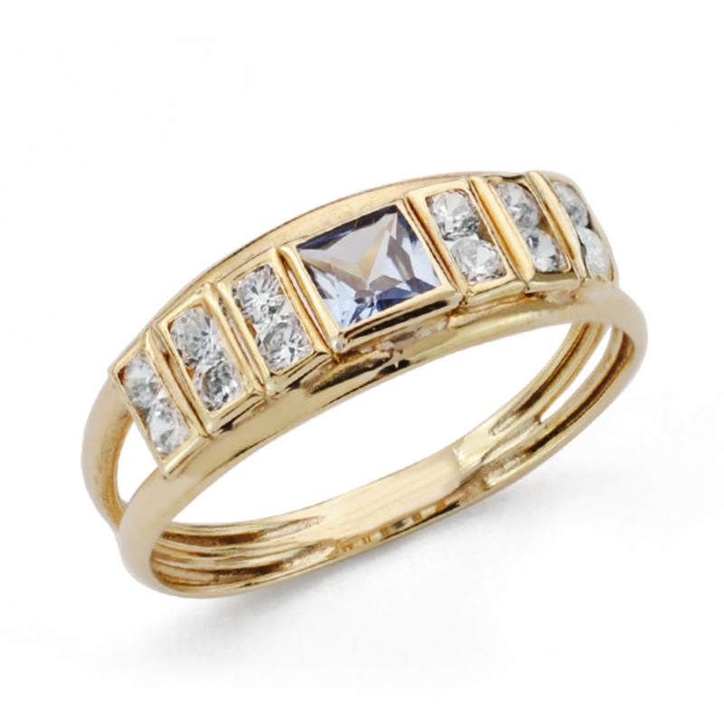 9K SORTIJA ORO AMARILLO DOBLE CUERPO CON AMATISTA CUADRADA Y CIRCONITAS. ANCHO: 6 MM