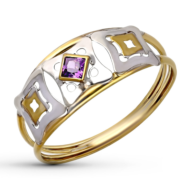 9K SORTIJA ORO BICOLOR DOBLE CUERPO CALADA CON CIRCONITA AMATISTA. ANCHO: 8 MM