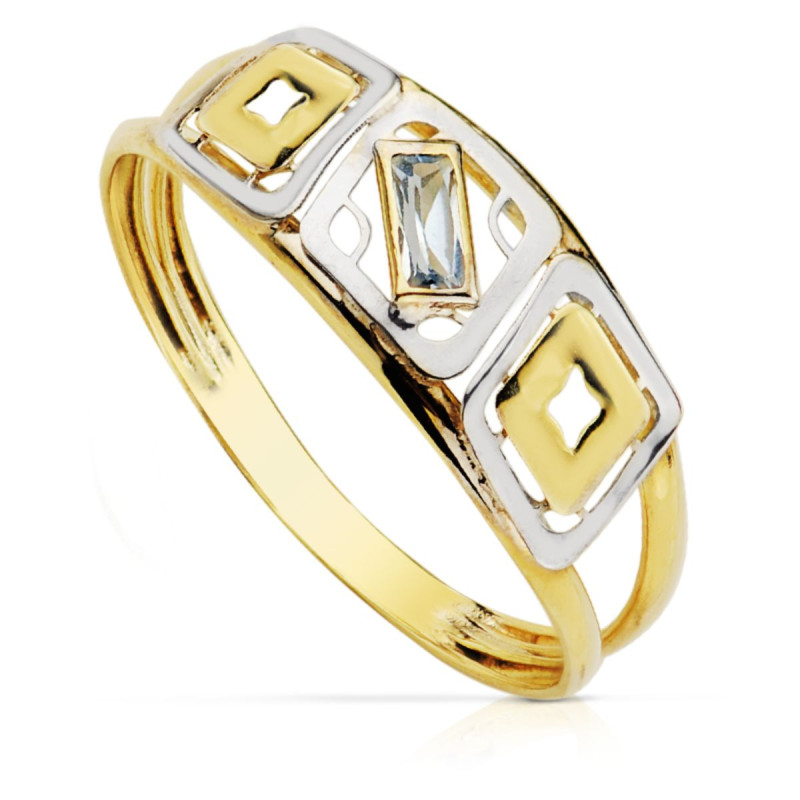 9K SORTIJA ORO BICOLOR DOBLE CUERPO MOTIVO CALADO CON CIRCONITA AMATISTA. ANCHO: 6,5 MM