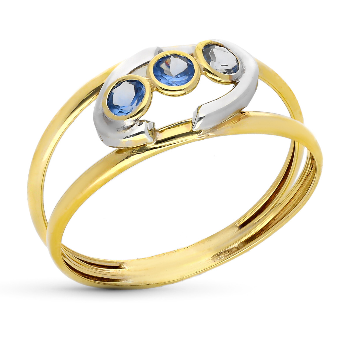 9K SORTIJA ORO BICOLOR DOBLE CUERPO MOTIVO CON CIRCONITAS COLOR AGUAMARINA. ANCHO: 8,5 MM