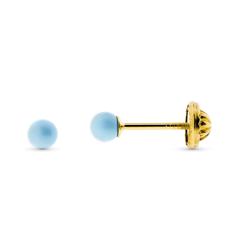 9K PENDIENTES ORO AMARILLO TURQUESA REDONDA 3 MM. CIERRE TUERCA
