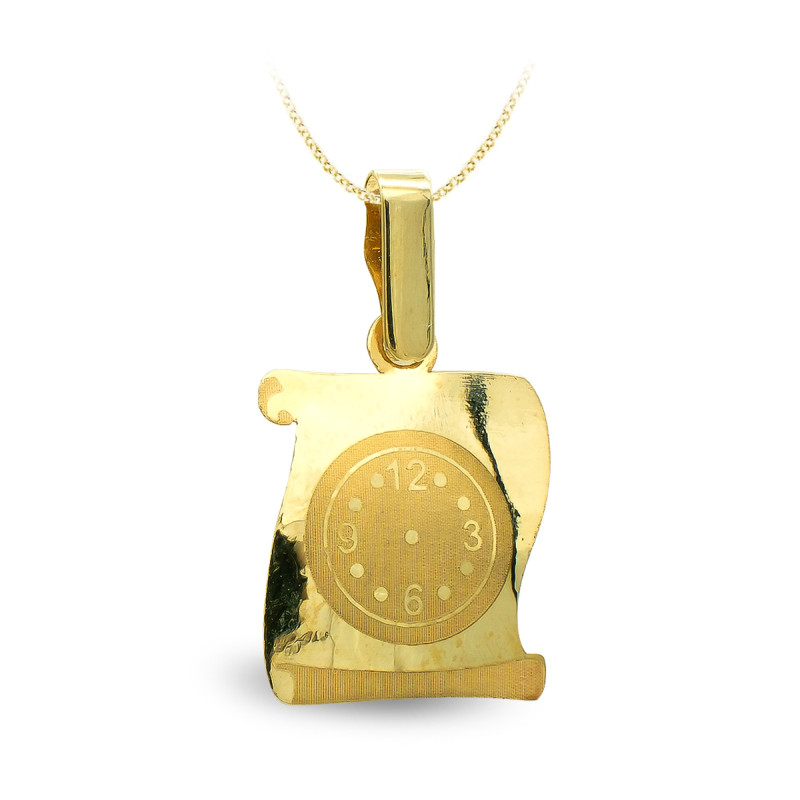9K COLGANTE PERGAMINO ORO AMARILLO RELOJ GRABADO. 16X13 MM