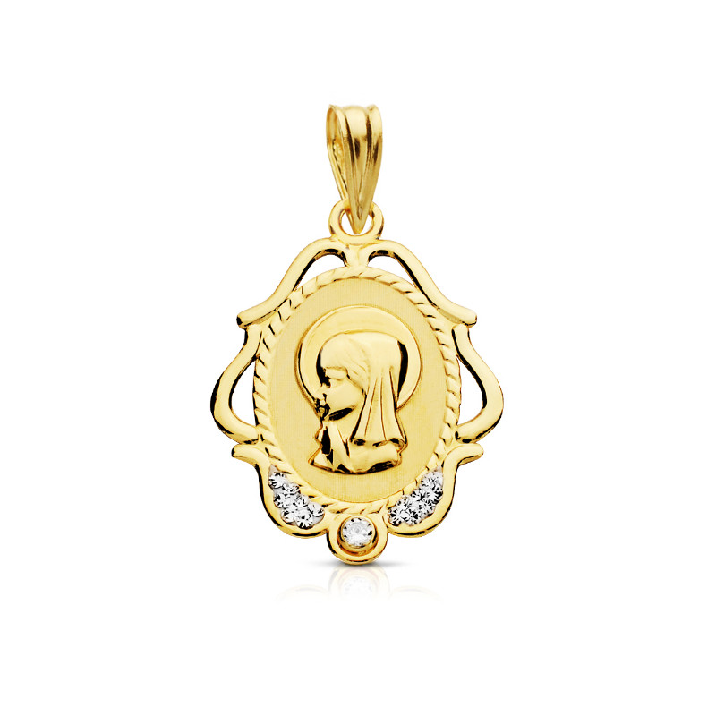 9K MEDALLA ORO AMARILLO VIRGEN NIÑA CERCO CALADO CIRCONITA 22X16 MM