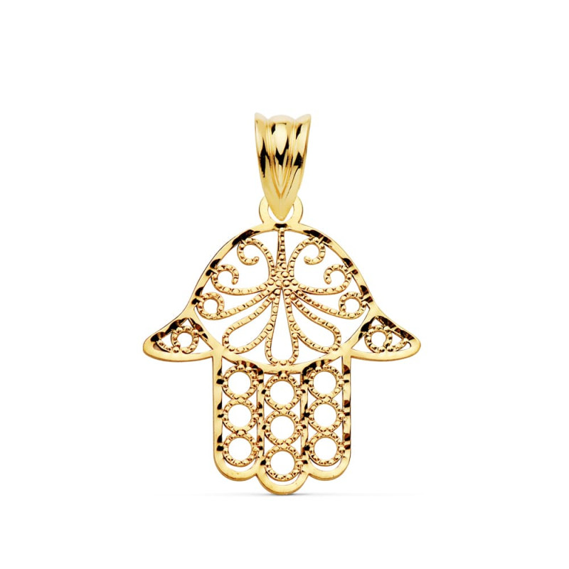9K COLGANTE ORO AMARILLO MANO DE FATIMA TALLADA. MEDIDA: 20 X 18 MM