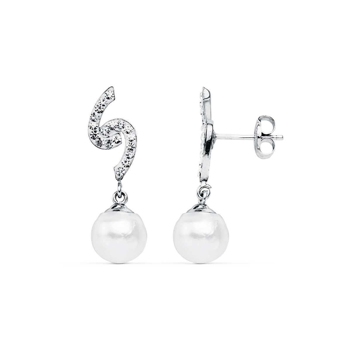 9K PENDIENTES ORO BLANCO PERLA 8 MM 24X6 MM CIERRE PRESION