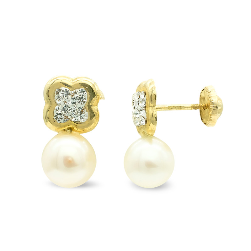 9K PENDIENTES ORO AMARILLO TU Y YO FLOR CON CIRCONITAS Y PERLA. 13X7 MM.CIERRE TUERCA