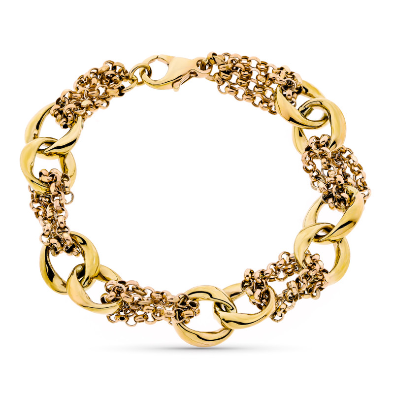 9K PULSERA ORO AMARILLO HUECA TRICOLOR 18CM