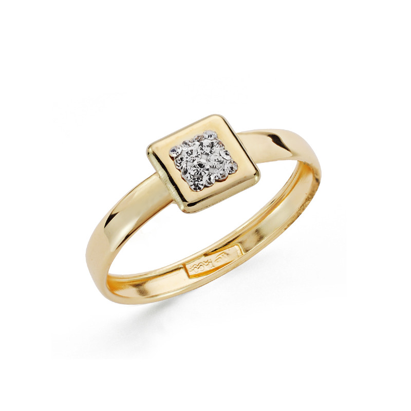 9K SORTIJA ORO AMARILLO CON MOTIVO CUADRADO Y CIRCONITAS. ANCHO: 6,5MM