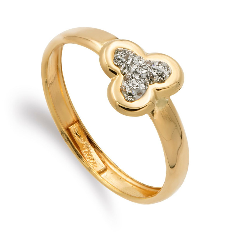 9K SORTIJA ORO AMARILLO BANDA CON TREBOL Y CIRCONITAS. ANCHO: 8 MM